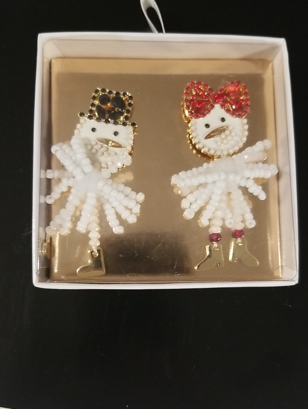 Festive White Beaded Snowman Earrings